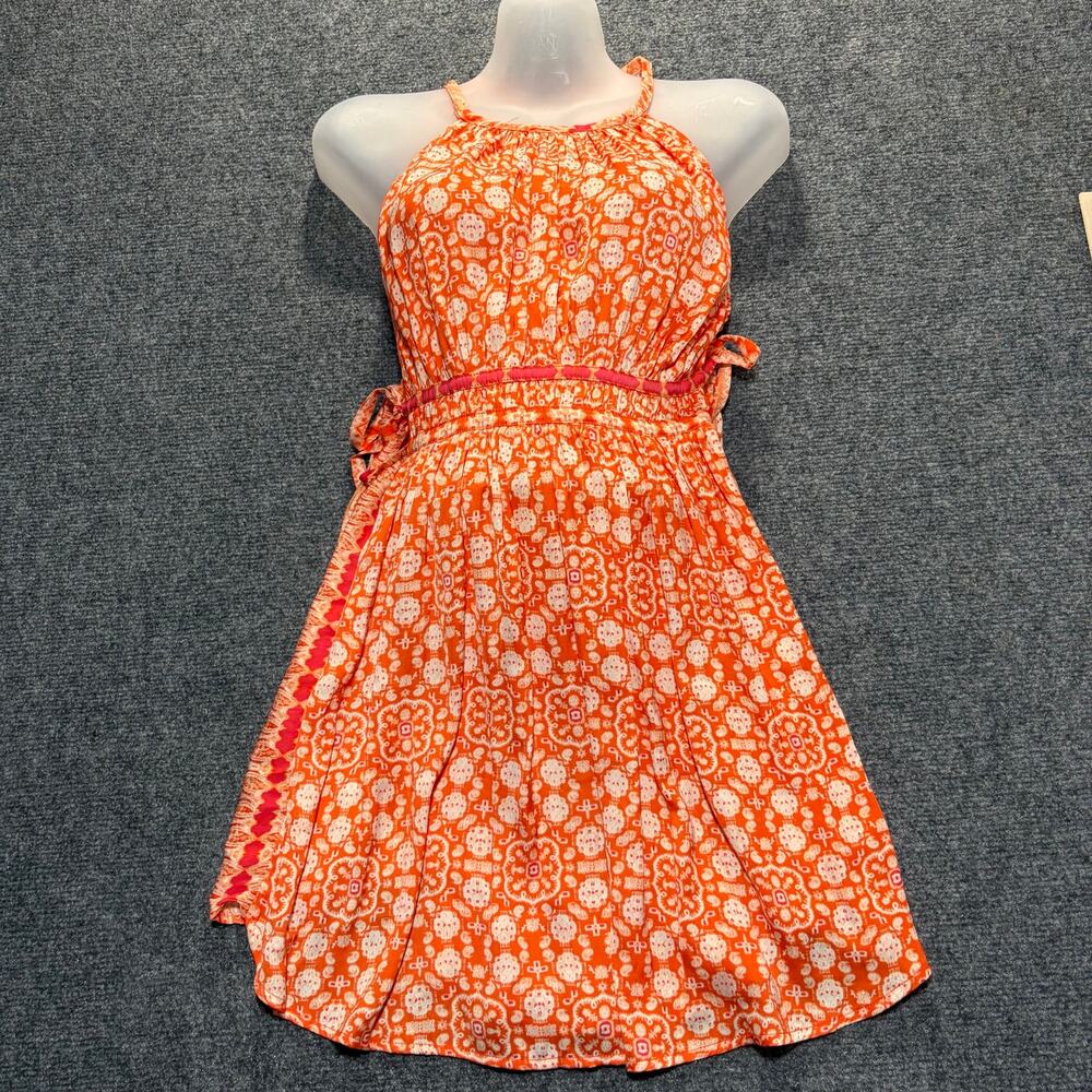 Free People Orange Print Halter Mini Dress XS Boho Festival Beach Sundress
